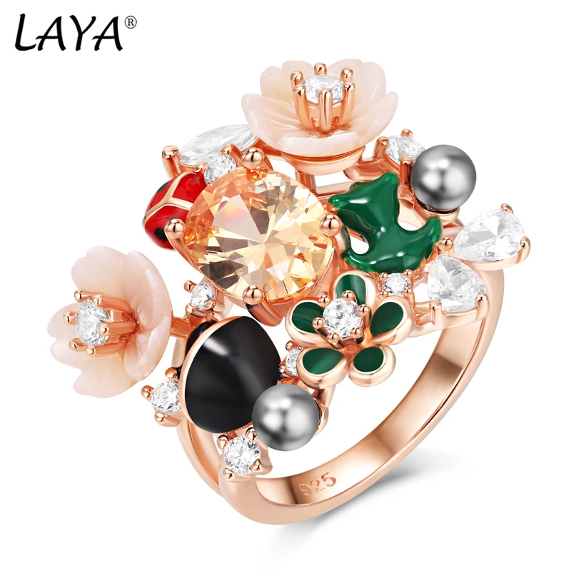 Laya pierścień dla kobiet wysokiej jakości cyrkonia naturalne powłoki kwiat 925 Sterling Silver zwierząt emalia moda oryginalna nowoczesna biżuteria
