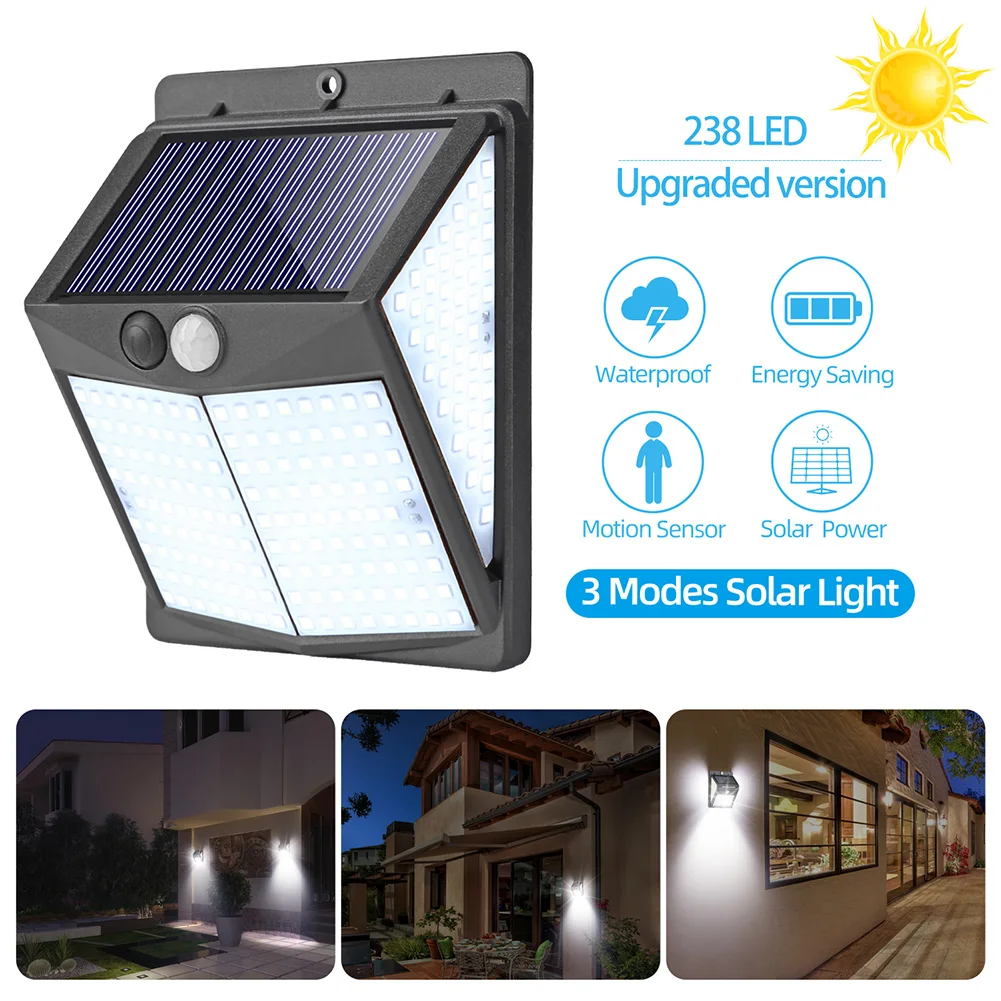 

238 LED Solar Wall Lamp Outdoor Waterproof with Motion Sensor 3 Light Modes Outdoor Street Light for Garden Patio Courtyard Path