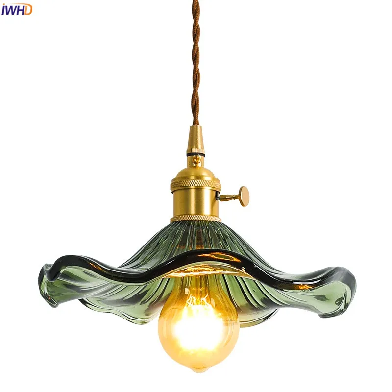 IWHD Nordic Green Glass Hanging Light 85-265V Copper Knob Switch Living Dinning Room Modern LED Pendant Lamp Lighting Hanglamp