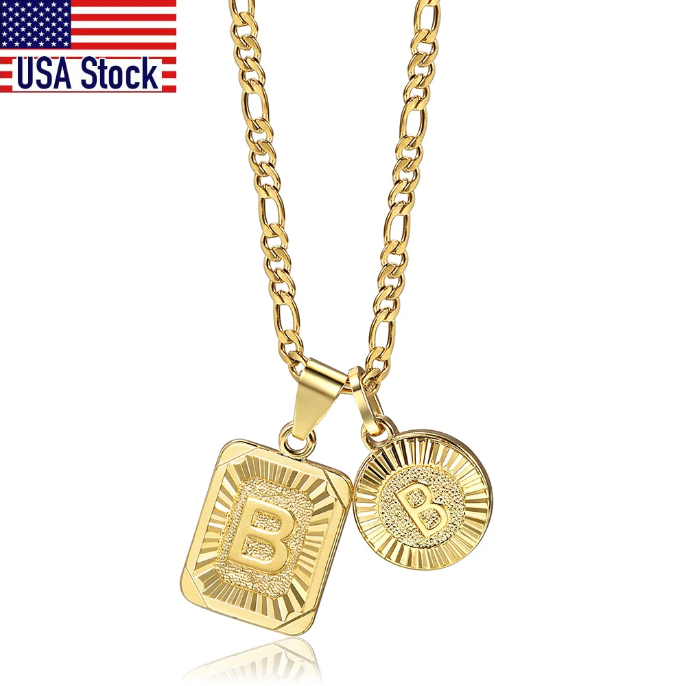 Chic 2pcs Letter Pendants with Figaro Chain Necklace Stainless Steel Link Choker for Men Women Gold Color  Jewelry Gift 18inch