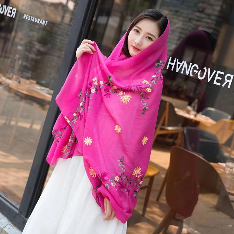 New Fashion Women Embroider Flowers Cotton Linen Scarf Spring Shawls and Wraps Towel Femme Summer Beach Beach Sunscreen Sjaals