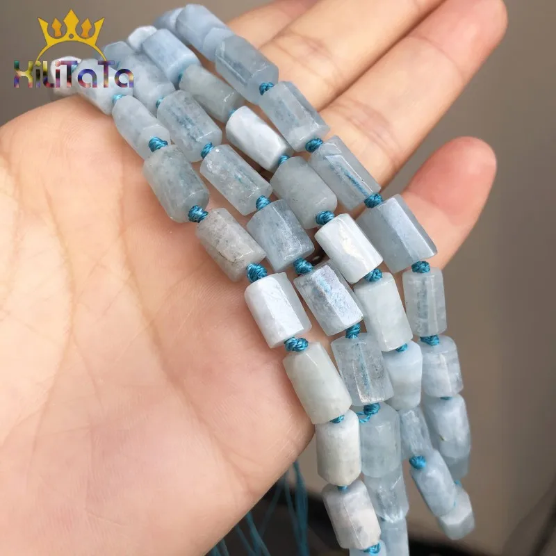 Natural Faceted Aquamarines Stone Beads Cylinder Gem Loose Spacer Beads For Jewelry DIY Making Bracelet Charms Accessories 7.5\'\'