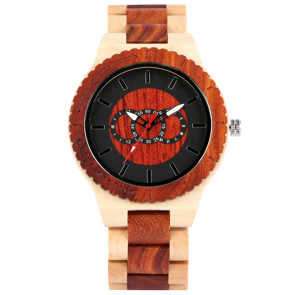 

Men Quartz Wooden Wristwatch Classic Black Red Dial with Luminous Pointers Watch Stable Folding Clasp Watches