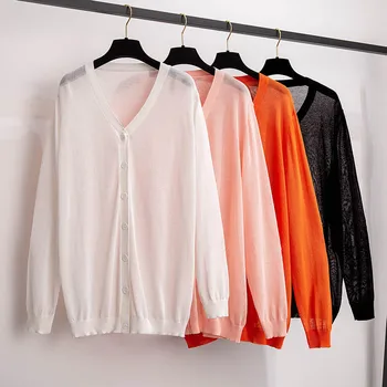 150กก.Plus ขนาดผู้หญิงฤดูร้อนน้ำแข็งผ้าไหมเสื้อกันหนาวหน้าอก160ซม.5XL 6XL 7XL 8XL 9XL 10XL แขนยาวสบายๆ V คอเสื้อ