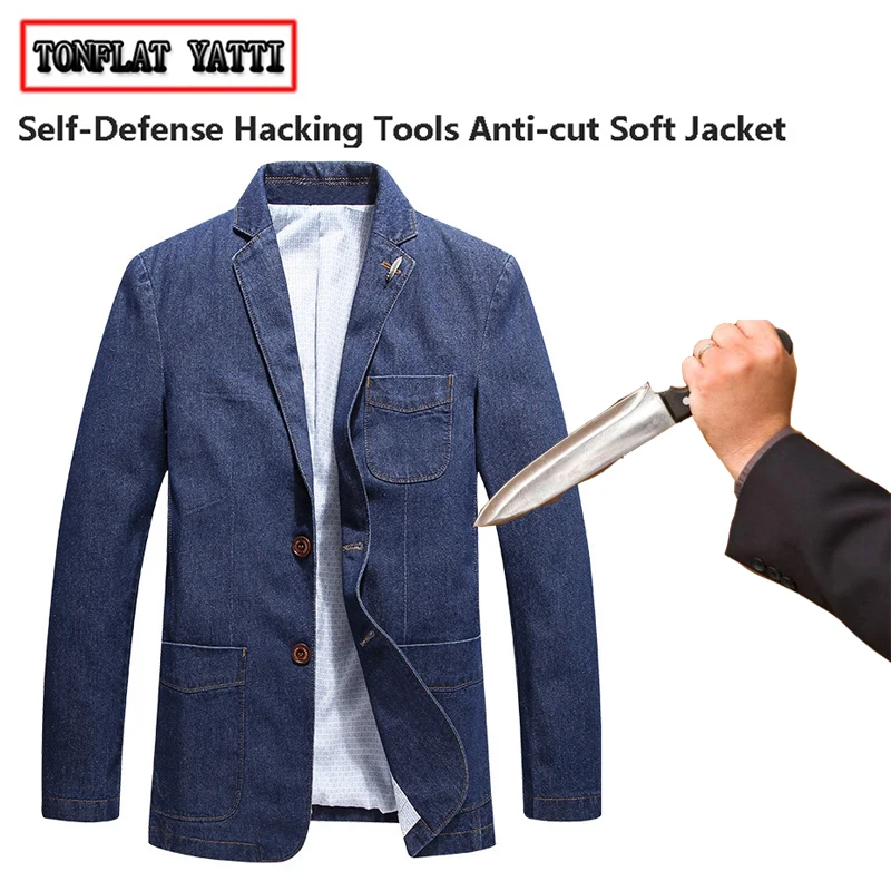 Self Defense Stab Anti-Cut Denim Jacket Men Business Security Machetes Anti-Hacker Anti-Stealth Soft Light Safety Clothing 4XL