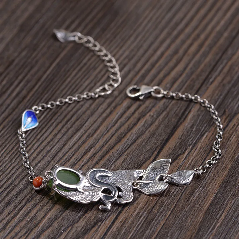 FNJ 925 Silver Bracelet for Women Jewelry Original S925 Sterling silver Bracelets Cloisonne Fish Jasper 16.5cm +4cm