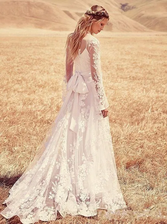 Dell'annata Del Merletto di Stile Boho Abitudine Fare Elegante Sheer Neck Hollow Torna A Manica Lunga Abito Da Sposa 2018 madre della Sposa abiti