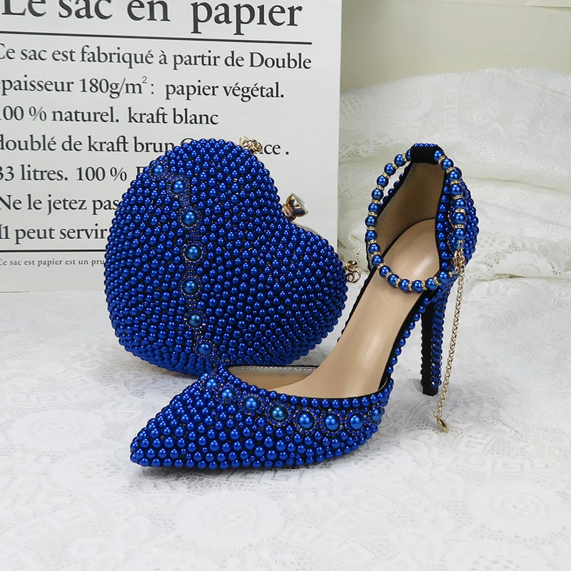 

BaoYaFang 2020 new Arrive wedding shoes with matching bags High Heeled Heart purse royal blue pearl party shoes and bags