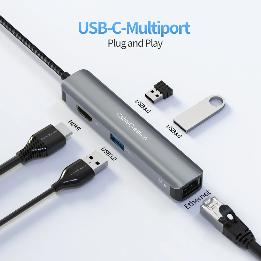 

5-in-1 USB Type-C hub multi-port adapter with 4K HDTV compatible 1Gbps Ethernet 3 USB 3.0 ports, suitable for MacBook Pro/iPad,