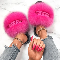 Real Fox Fur Slippers Fluffy Flip Flops Matte Chain Furry Fur Slides Plush House Slippers Women Beach Flat Sandals Ladies Shoes