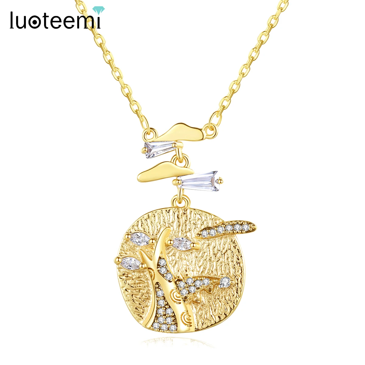 LUOTEEMI Circle Round Pendant Link Chain Necklace for Women Mountain and Cloud Tress Jewelry Christmas Gifts for Friends