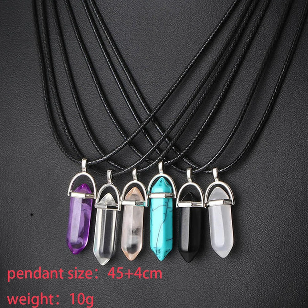 2023 New Fashion Natural Stone Leather Necklace Hexagonal Prism Crystal Pendant Necklace Hexagonal Bullet Pendant Women Jewelry