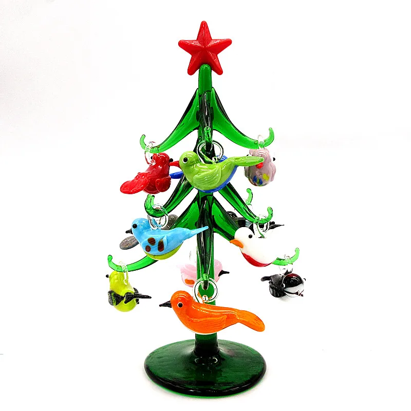 Handmade Murano Glass Crafts Christmas Tree Figurines Ornaments Home Decor Christmas Tree with Mini 12 Bird Pendant Accessories