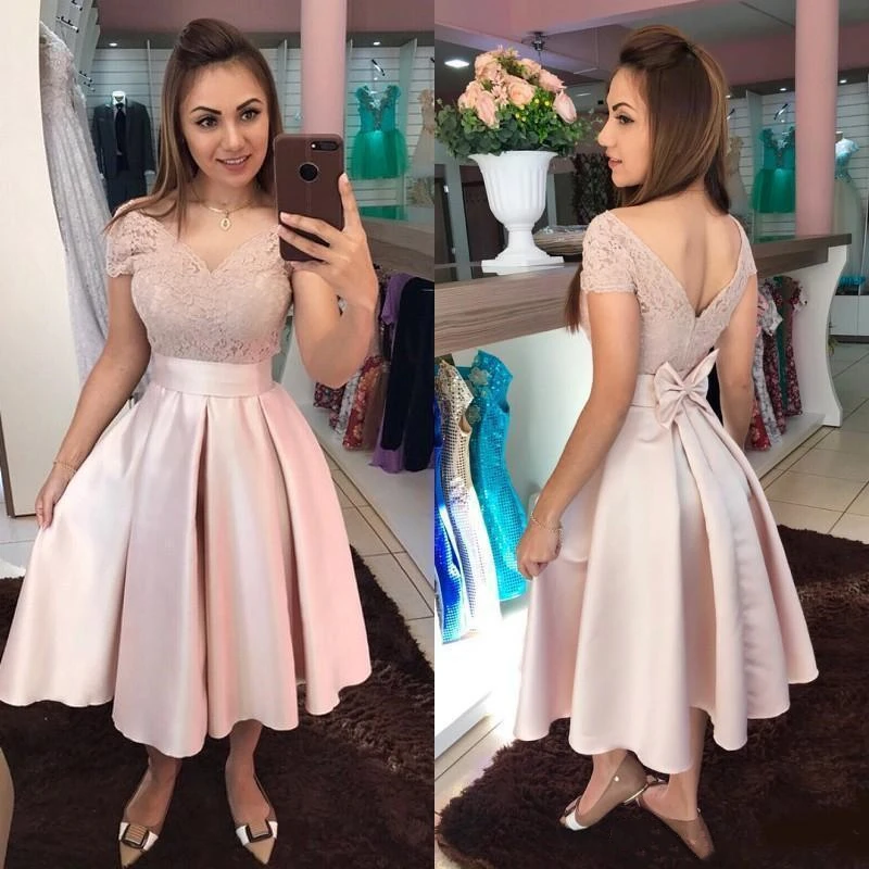 LSYX Vestido de satén rosa con manga de casquillo, apliques de encaje, Espalda descubierta, elegante vestido de fiesta de graduación con lazo, largo hasta el té