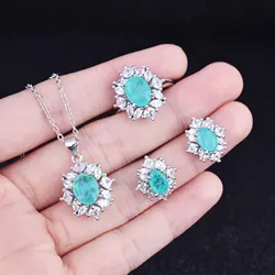 Vintage Silver Color Oavl Simulated Paraíba Tourmaline Emerald Gemstone Pendant Necklaces Earrings Rings Jewelry Set Wholesale