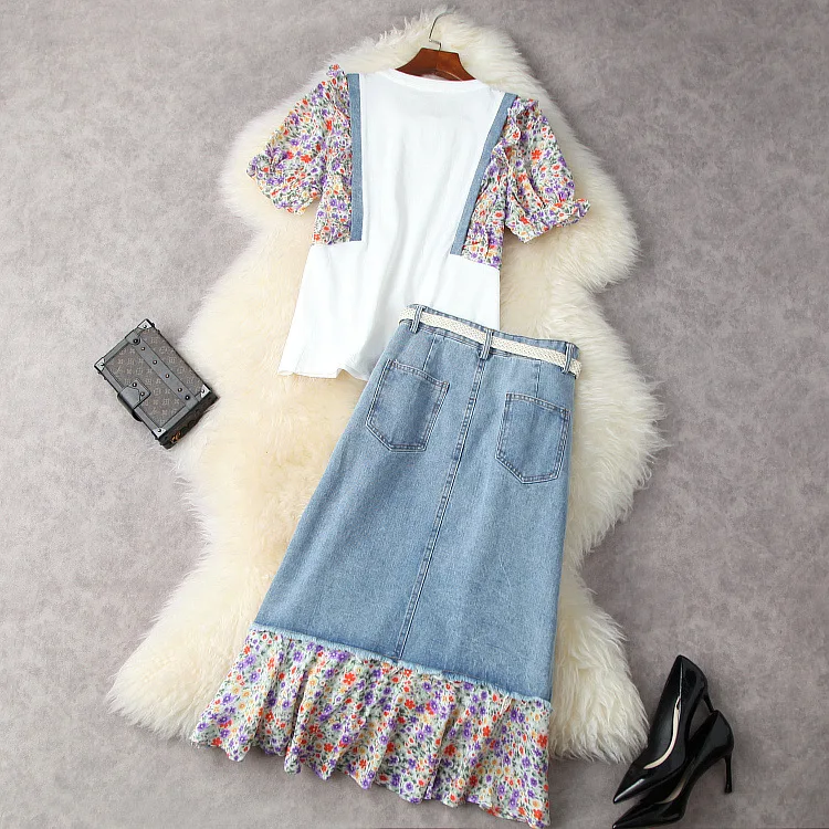 With Sashes Women Summer New Casual White Puff Short Sleeve Patchwork Tees And Feminine Ruffles Denim Jean Skirt Suits Set NZ136