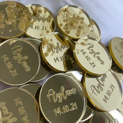 50*Personalized Engraved Gold/Silver Round Label With Hole Custom Name Country Wedding Baby Shower Baptism Party Candy Box Label