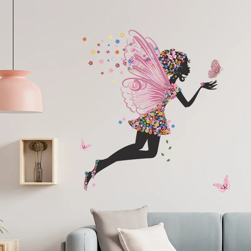 The Nordic color Butterfly flower fairy girl dancing bedroom porch wall decoration wall stickers self-adhesive room decoration