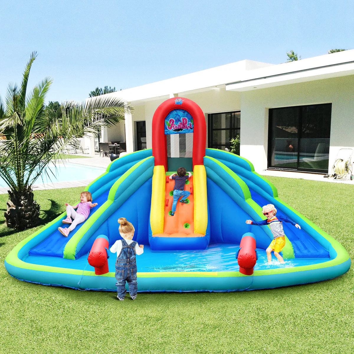 Aufblasbare Bounce Haus Kinder Wasser Splash Pool Dual Rutschen Klettern Wand Park