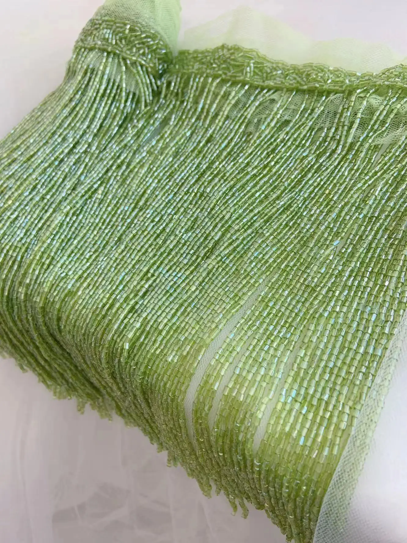 

1.8 Yards Light Green Heavy Bead Tassel Ribbon Fringe Trim for Dance Costume,Millinery Craft,Couture Dress Decor