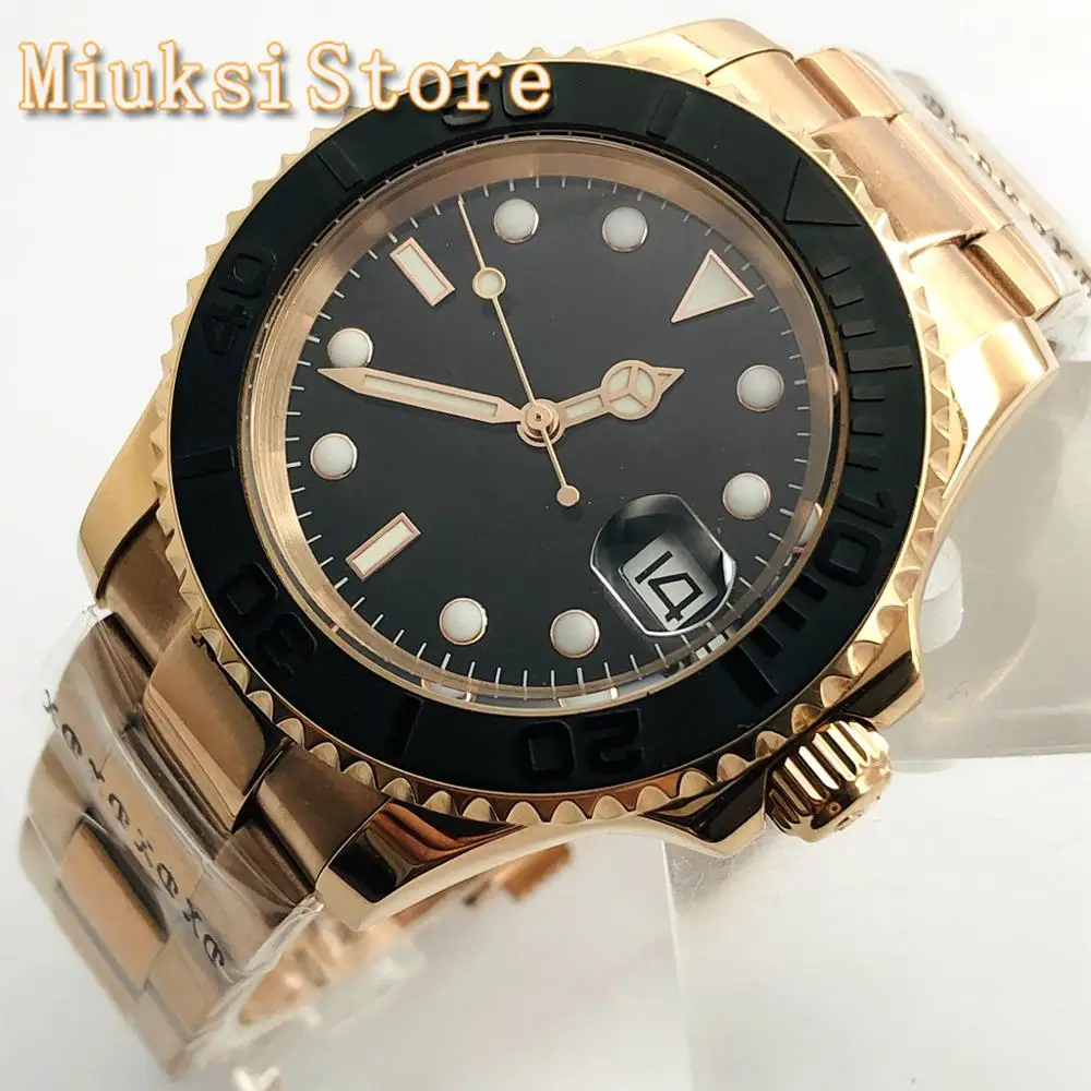 

40mm rose gold case sapphire glass ceramic bezel black sterile dial date window luminous men's top automatic watch