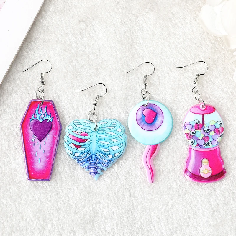 1Pair Creepy Valentine Dangle Earrings Acrylic Skull Gumball Machine Heart Coffin for Women Birthday Gift