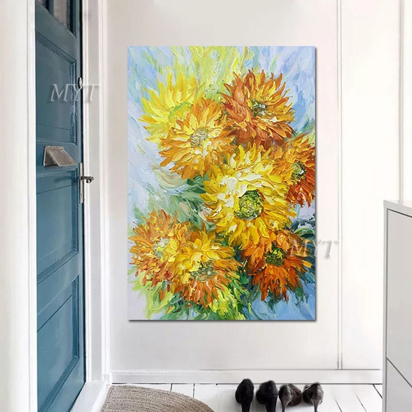 

Новейшая абстрактная картина маслом с ножом подсолнечника, 100% ручная роспись маслом, настенное искусство для украшения гостиной