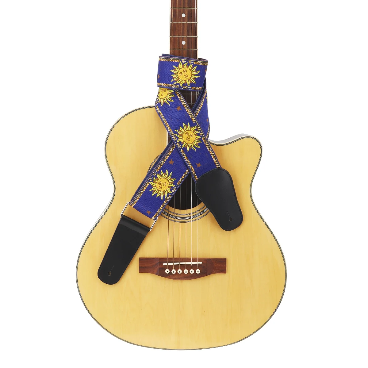 Jacquard Weave Duplo Tecido Guitar Strap, Sun Flower Pattern, couro genuíno termina com para baixo elétrico acústico