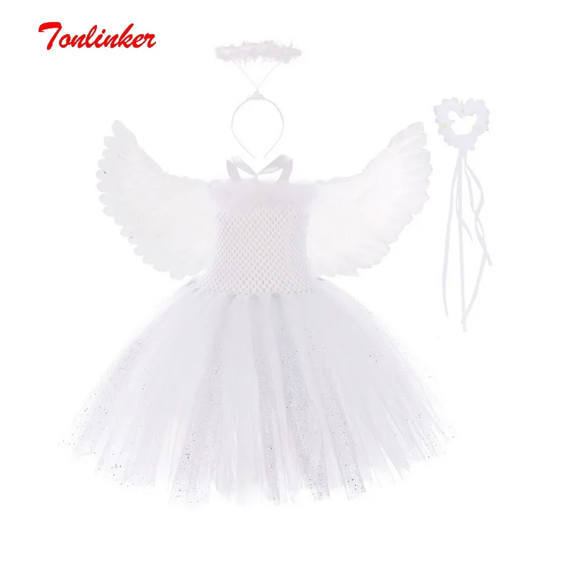 

Children Halloween Tutu Dress Girls White Sparkle Angel Costumes Feather With Wings And Fairy Wands Set Party Cosplay Costume