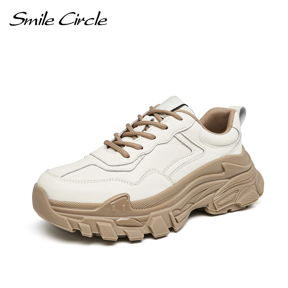 Smile Circle Chunky Sneakers Women\'s Flat Platform Shoes Genuine Leather Fashion Casual Thick-soled Ladies Sneakers Spring 2022