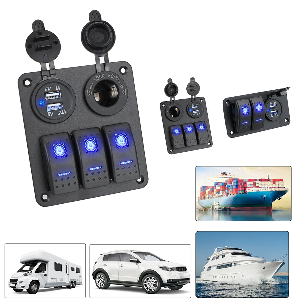 Digital Voltmeter Dual USB Port Outlet Combination Boat Car Switch Panel Waterproof 2/3 Gang Blue LED