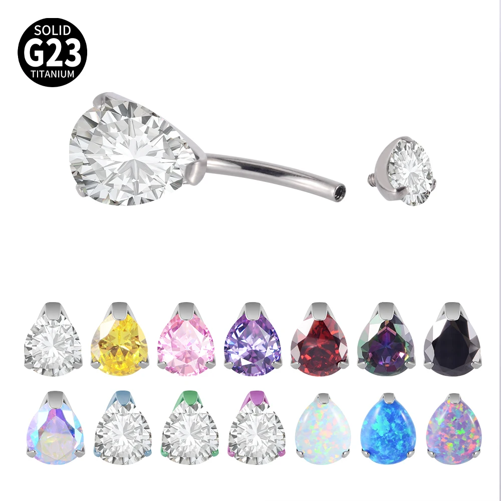 1 ST G23 Solid Titanium Navelpiercings Prong Set Dubbele Opaal & Zirkoon Buik Navel Piercing Ringen 14G Buikpiercings
