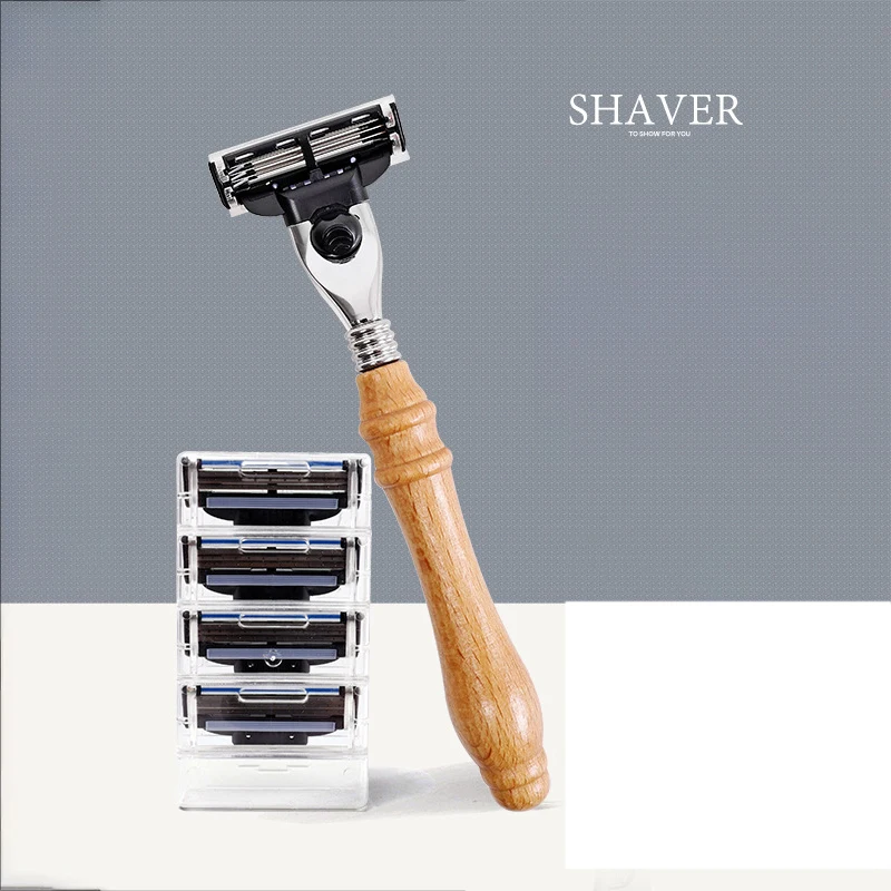 

Safety Razor Premium Wet Shaving Classic Manual Shavers Wood handle replaceable head shaver three-layer stainless steel manual