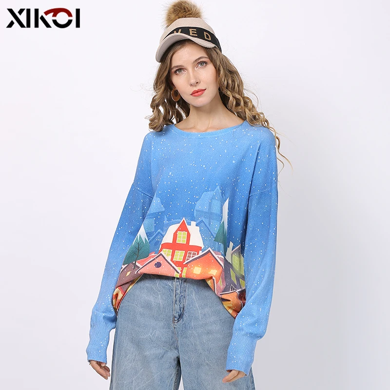 XIKOI Ladies Snow House Printed Sweater Fashion Women Christmas O-Neck Long Sleeve Blue Pullover Loose Sweaters Tops Jumper Pull