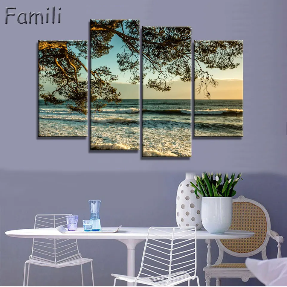 4pcs Art Modern sea green blue beach Wave picture decoration canvas painting wall picture for living room home decor unframed