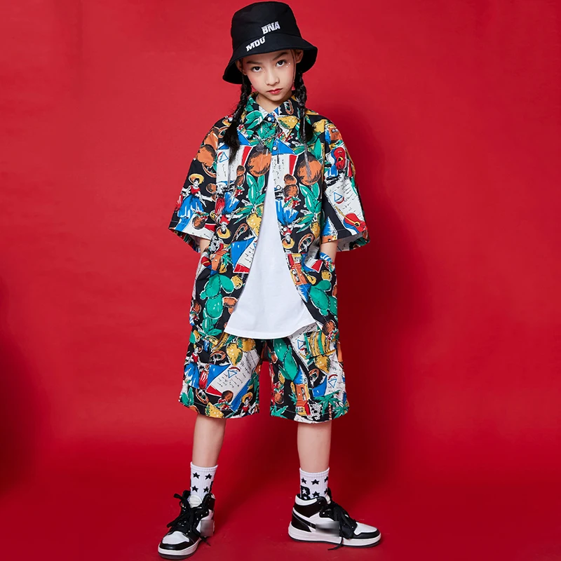 Children Tide Hip Hop Clothes Loose Short Sleeve Shirts Printing Outfit Boys Girls Hip Hop Performance Ballroom Dancewear BL6721