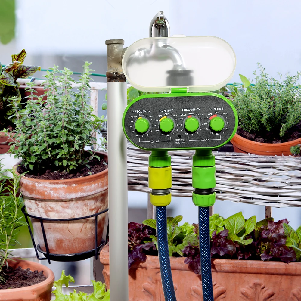 Automatic Ball Valve Tap Water Timer Two Outlet Electronic Battery Operated Garden Water-proof Irrigation Controller Green