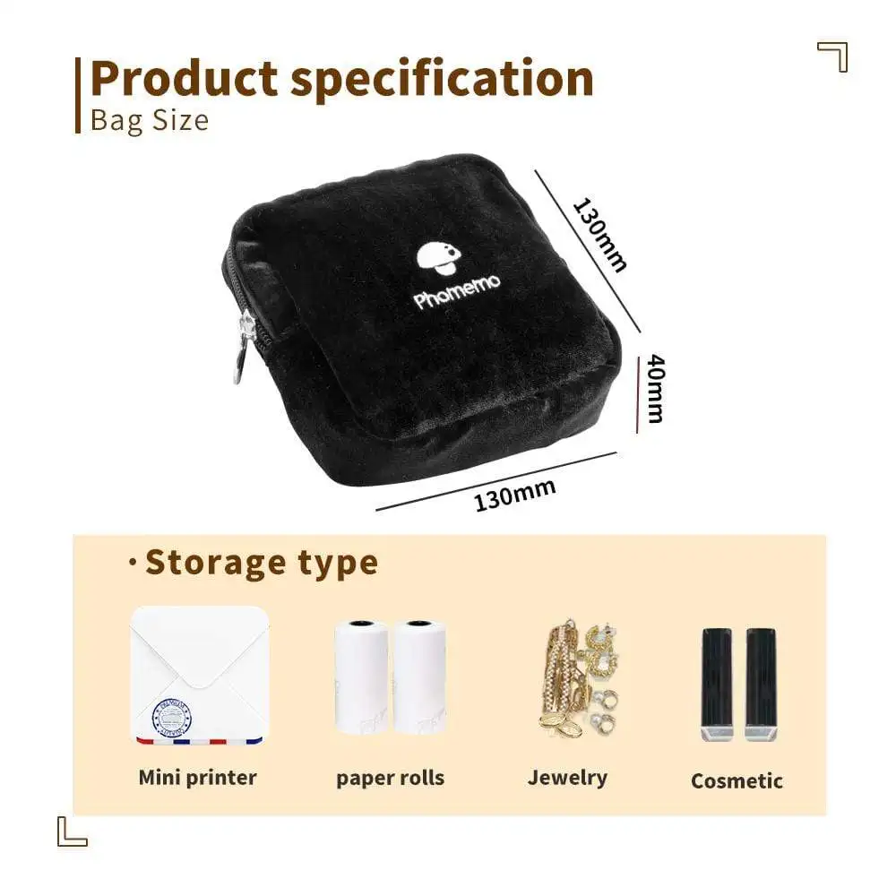 Phomemo Portable Black Velvet Stationery Cosmetic Multifunction Storage Bag Suit for M02/M02S/M110/M02Pro/T02/D30 Paper Roll