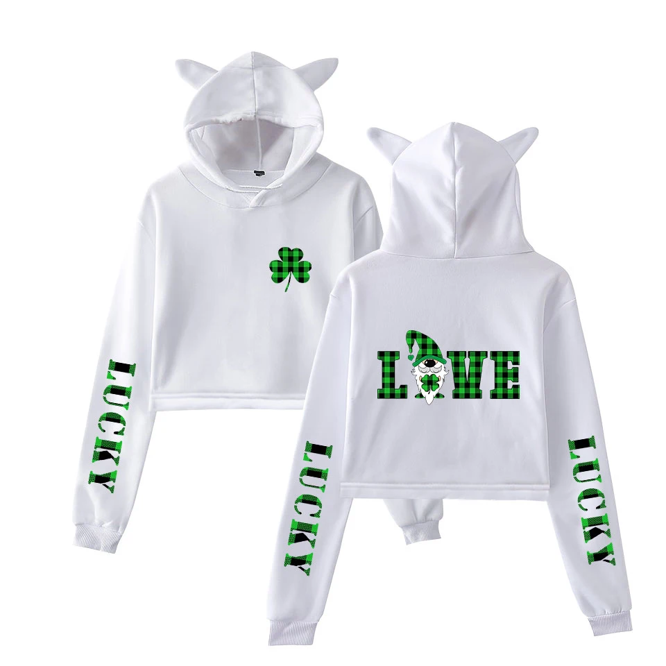 

St Patrick's Day Cat Ear Hooded Sweatshirt Lucky April Grass Print Fashion hoodies Sweatshirts