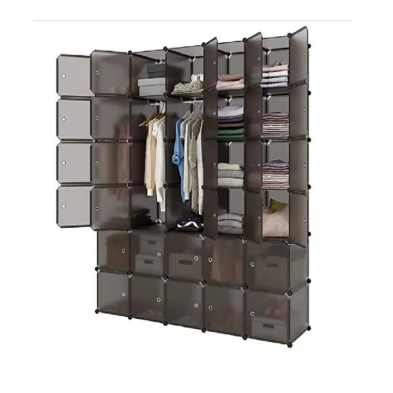 Modular Closet Bookcase Organizer Plastic Cabinet 30 Cube Wardrobe 35*45 Cubby Shelving Storage Drawer Unit with Door Gray/Brown