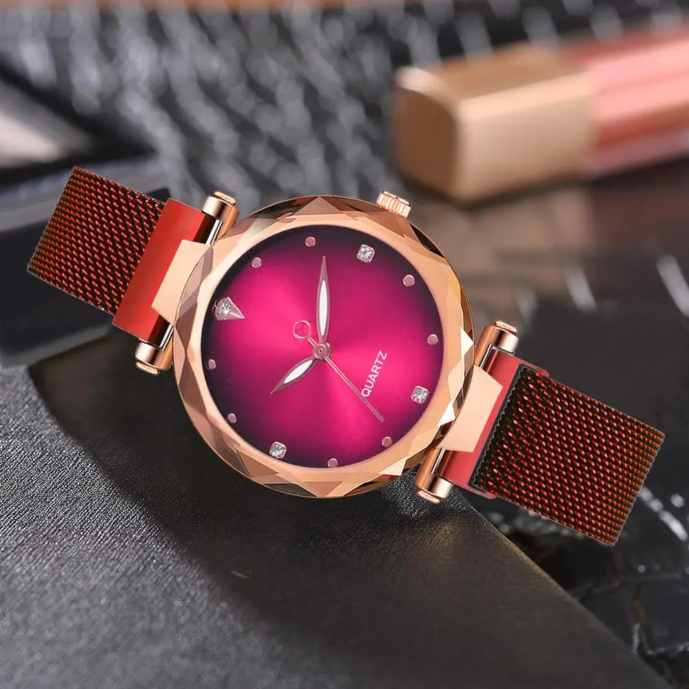 Relojes magnéticos de moda para mujer, pulsera de malla de acero, reloj de lujo con diamantes, reloj femenino