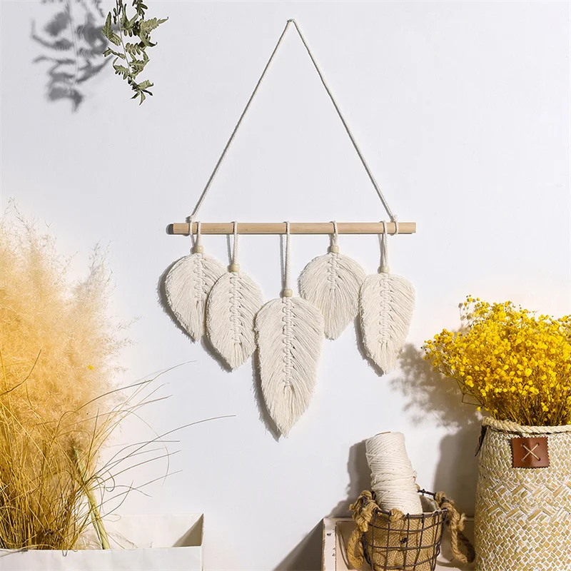 Macrame Wall Hanging Feather Cotton Woven Leaves Living Room Headboard Door Porch Hangings Boho Decor macrame colgante de pared