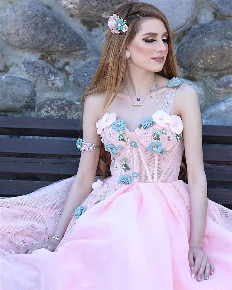 Light Pink Evening Dress 2020 New Flowers Beads One Shoulder Sweetheart Neck A-line Floor Length Prom Dress платья знаменитостей