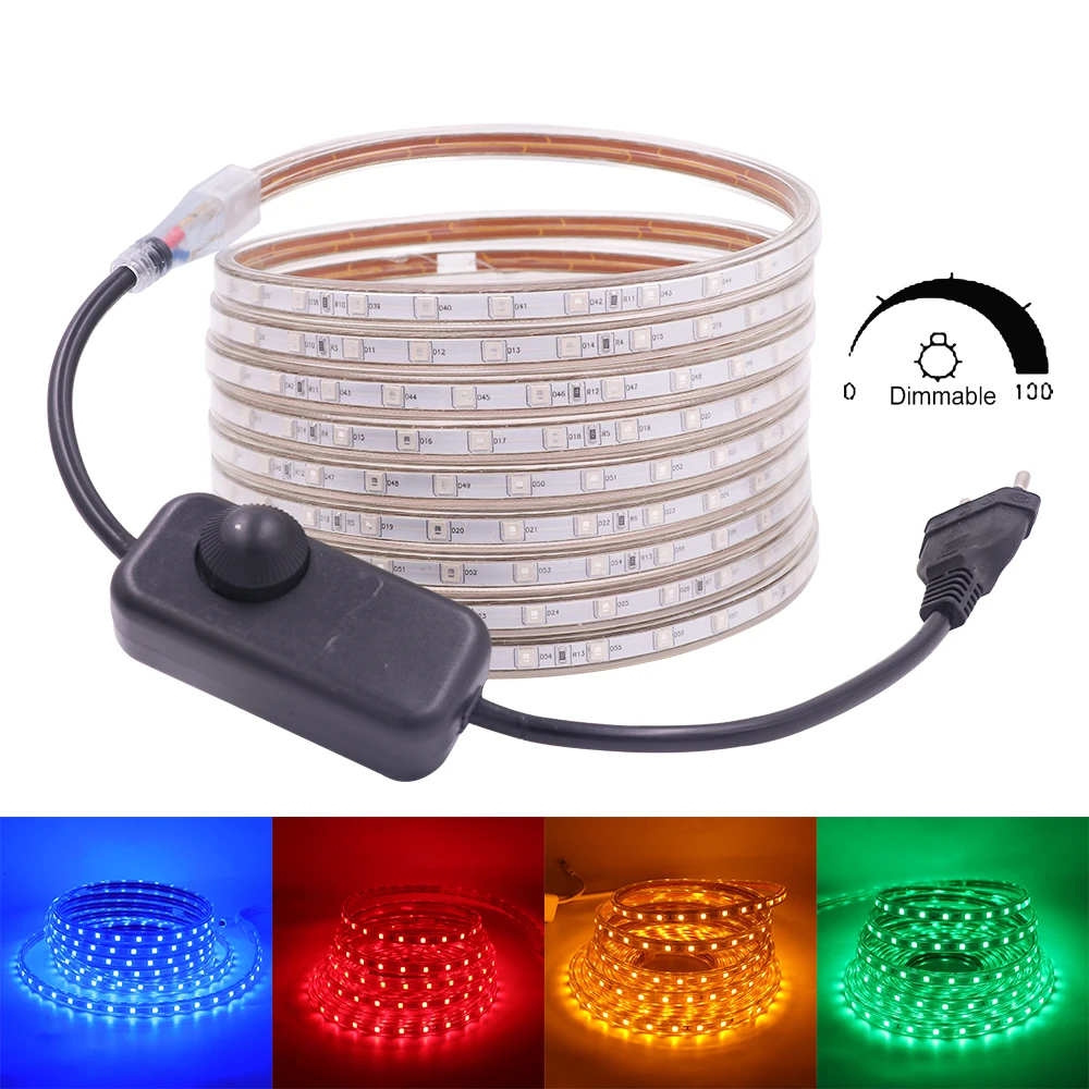 

Dimmable LED Strip Light AC 220V 110V Flexible Outdoor Waterproof Lamp Strip 5050 60leds/m White Green Yellow Red Blue LED Tape