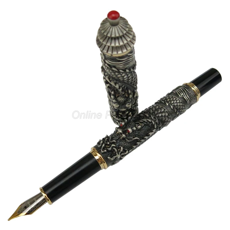 

Jinhao Luxurious Fountain Pen Grey Tower Cap Small Double Dragon Playing Pearl Metal Carving Embossing Heavy Pen For Gift Pen