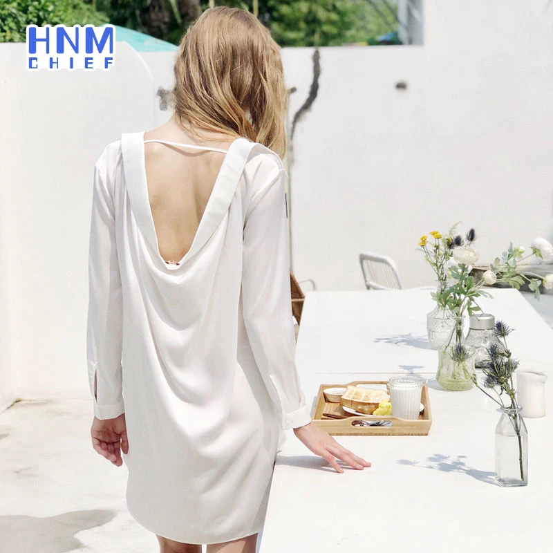 HNMCHIEF-Camisón azul con espalda descubierta para mujer, vestido de lencería con botones, Blusa de manga larga, bata de satén de seda, ropa de