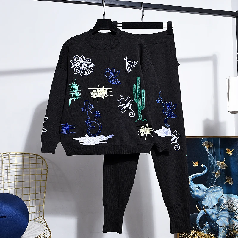 Spring Autumn Fashion Embroidery Knitted Tracksuits Outfits Women Loose Black Sweater Pencil Pants Sports Two Piece Set Female