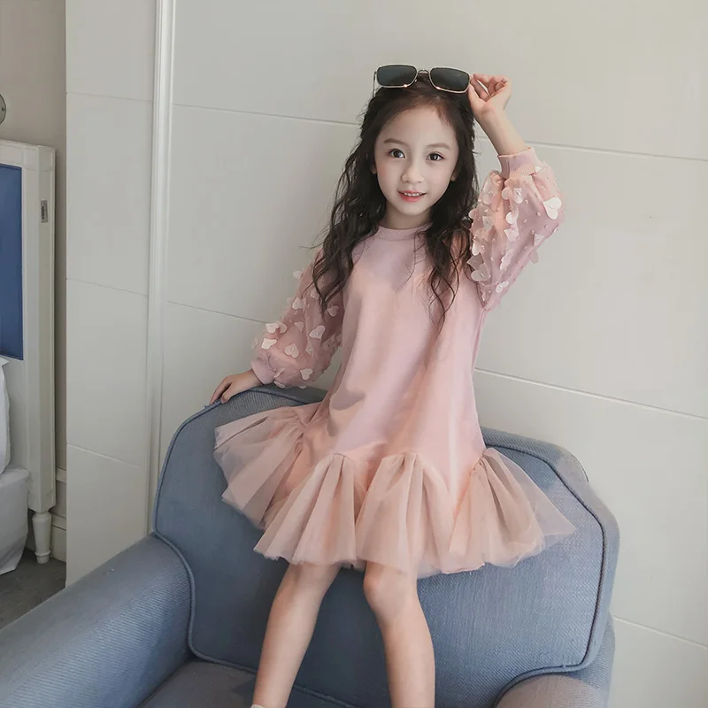 

2020 New Arrival Girls Spring Clothes Dresses Autumn Children's Petal Sleeve Sweater Dress Korean Puffy Gauze Spliced Dress P398