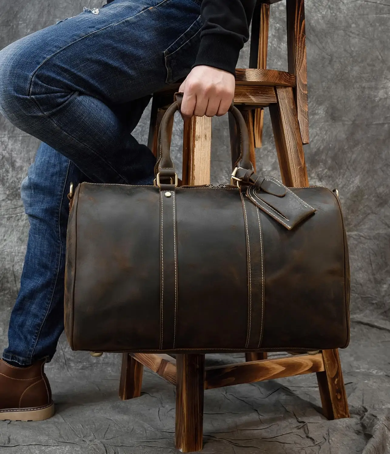 Vintage Men travel duffel Crazy horse genuine leather 18 inch big travel bag cow leather Boston overnight luggage Weekend bag