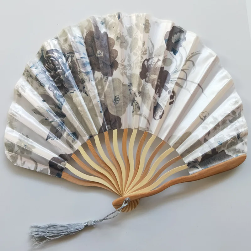 Japanese Style Silk Fan Chinese Bamboo Folding Fan Vintage Wave-shaped Keel Dance Hand Fans Craft Home Decoration Ornaments Gift